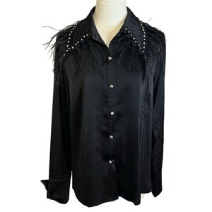 KM by Katherine Black Satin Button Up Shirt Feathers Rhinestones Long Sleeve‎ M